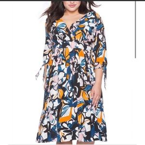 Eloquii Faux Wrap Abstract Print V Neck Tie Sleeve Knee Length Dress Size 22